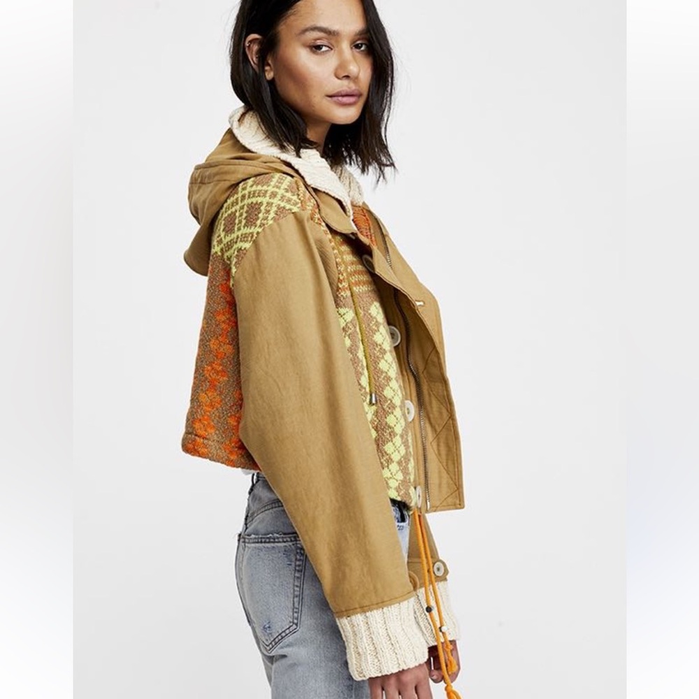 Free People Reno Multi Media Hooded Jacket Boho Patchwork xs stand funnel neck - Picture 2 of 11